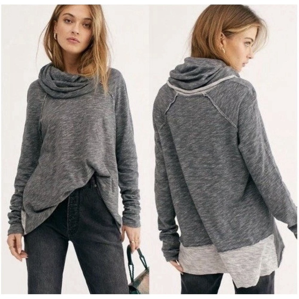 Free People FP Beach Long Sleeve Funnel Neck Sweatshirt Women's Gray Cotton OS‎